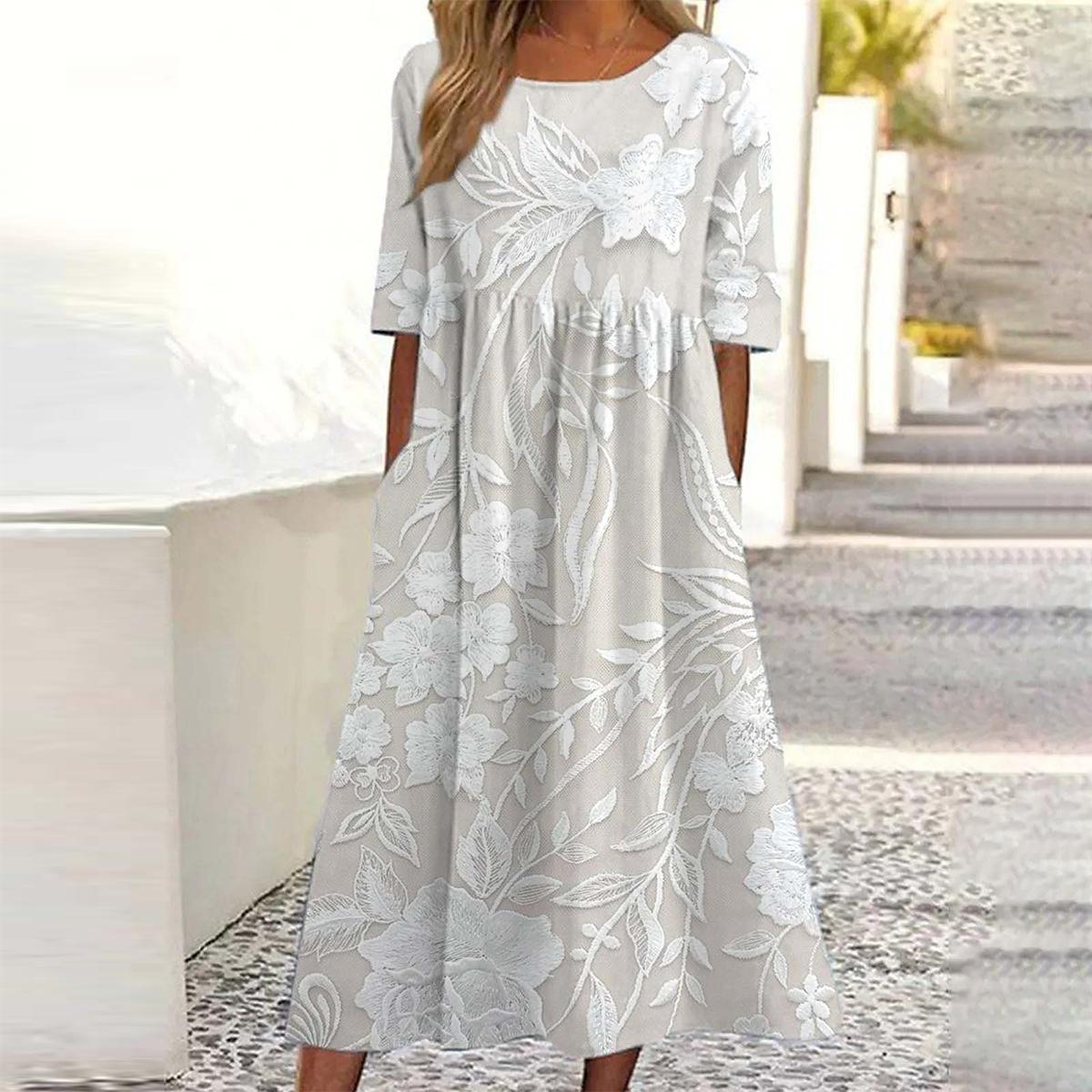 Maëlle™ | Classic Midi Dress with Print & Side Pockets