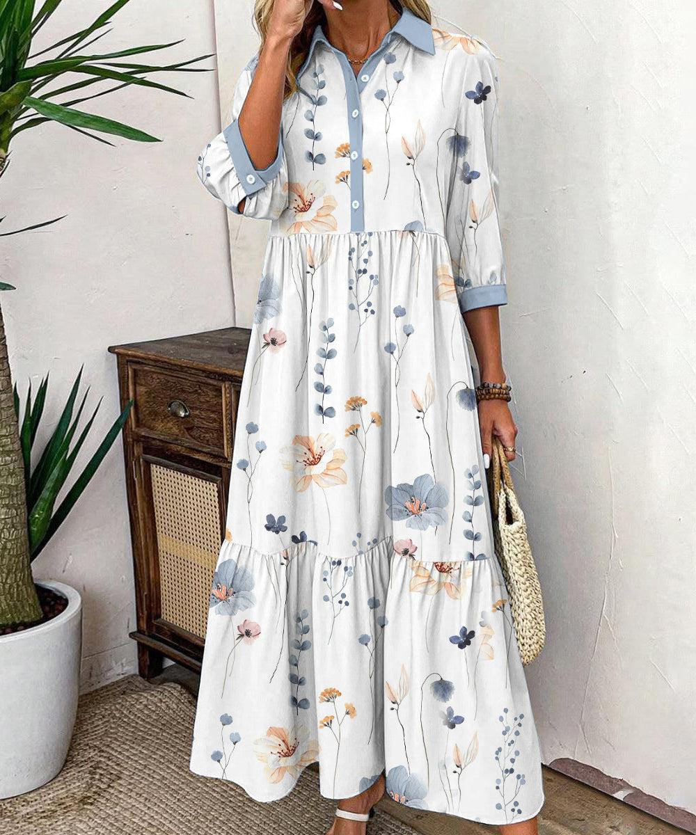 Elvienne™ | Fresh Maxi Dress with Print & Collar