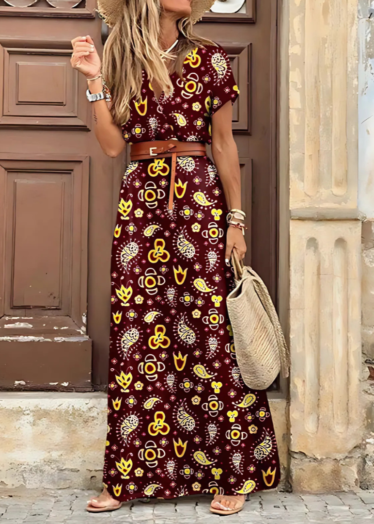 Piper™ | Long Bohemian Dress with Pleated Waist