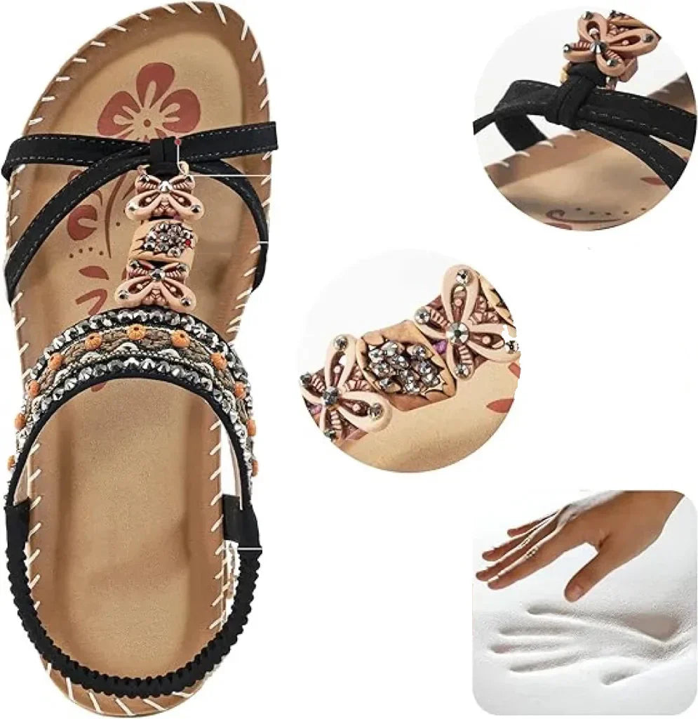 Colella™ | Elegant Sandals Decorated with Flowers and a Rhinestone Butterfly